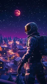 Armored astronaut overlooking neon winter village at night.