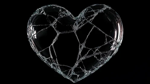 Transparent fractured glass heart on solid black background.