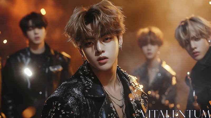 Glam-lit boy band smolders amid molten haze and sparks.