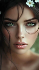 Enigmatic green-eyed beauty gazes with serene intensity.