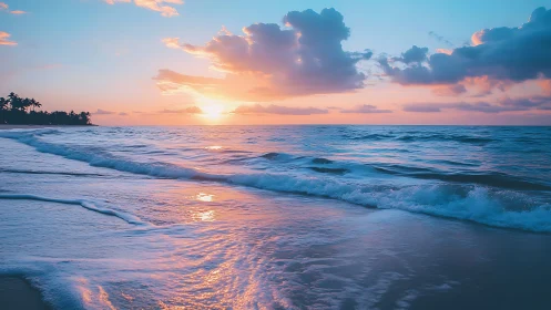 Colorful ocean sunset with waves on calm sandy shore.