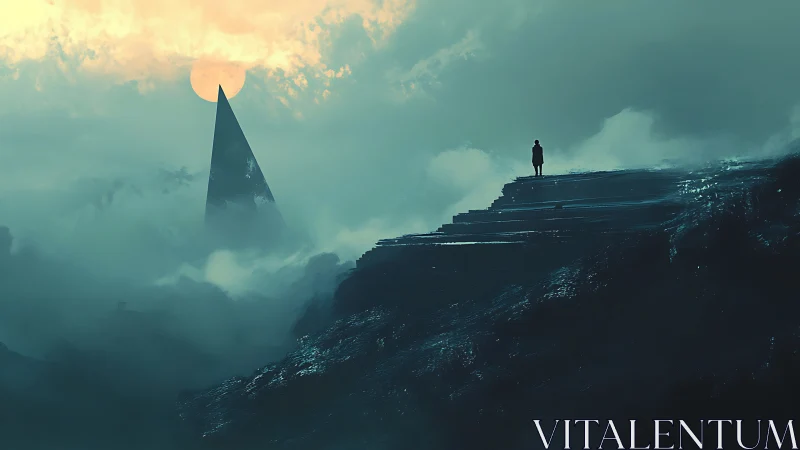 Lone figure confronts monolith in teal storm haze