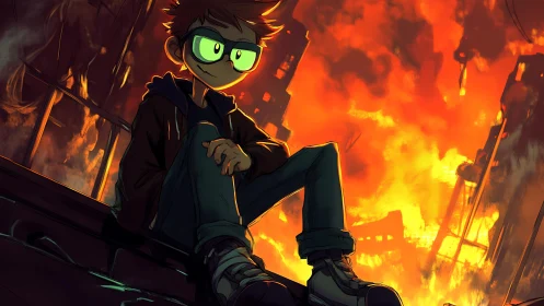 Cool teen calmly watches blazing city in neon glow.