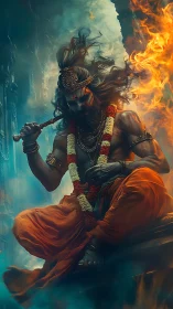 Fiery warrior sage sits amid swirling smoke and flames