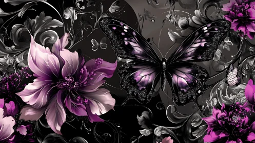 Midnight butterfly drifts through ink-black garden dreams