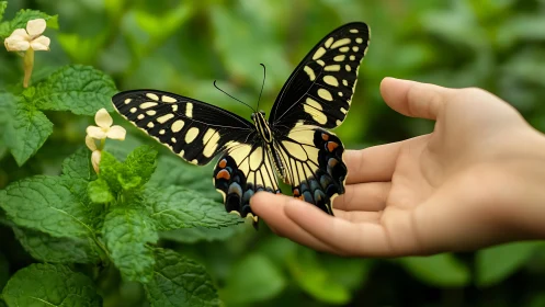 Delicate butterfly rests on open hand in serene green garden