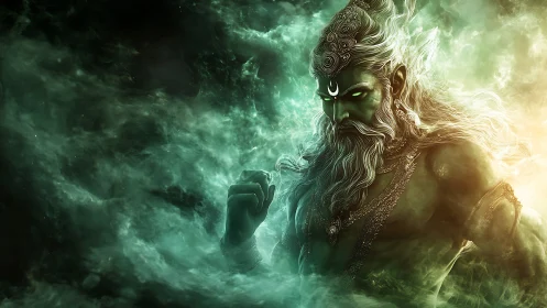 Emerald storm god rises from swirling cosmic mist. Period.