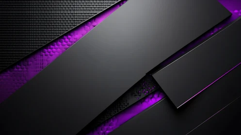 Black geometric panels cut across purple hex texture.
