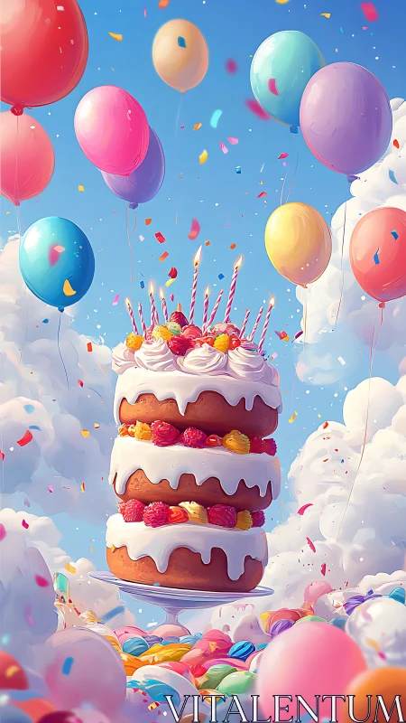 Whimsical Three-Tier Birthday Cake with Colorful Balloons and Confetti