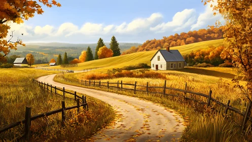 Curved country road guides depth toward autumn farmhouse landscape