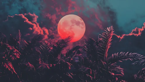 Neon moonrise above tropical palm silhouettes at dusk.