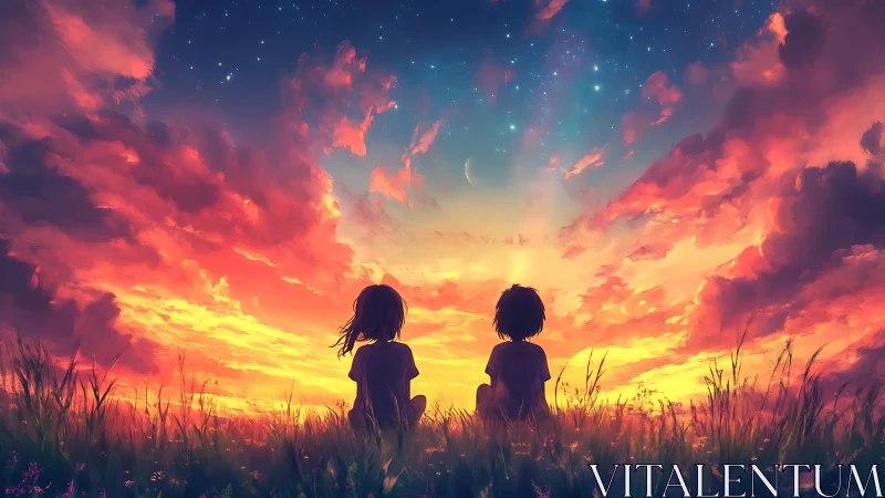 Evening sky wraps two quiet friends in glowing sunset wonder