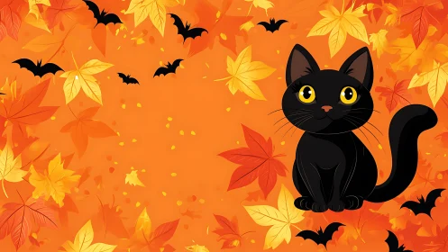 Black Cat and Autumn Foliage: Digital Illustration with Halloween Elements.