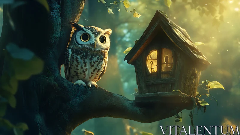 Digital painting of owl and lantern-lit treehouse composition.
