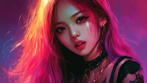 Vibrant cyberpunk portrait with neon pink hair glow.