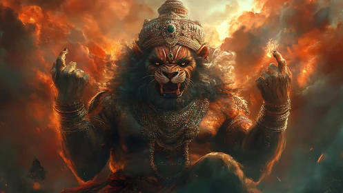 Lion-headed warrior deity roars amid blazing celestial storm