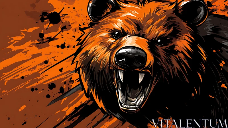 Roaring ember bear bursting through a wild orange storm.