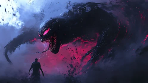 Giant shadow creature looms over lone figure in storm