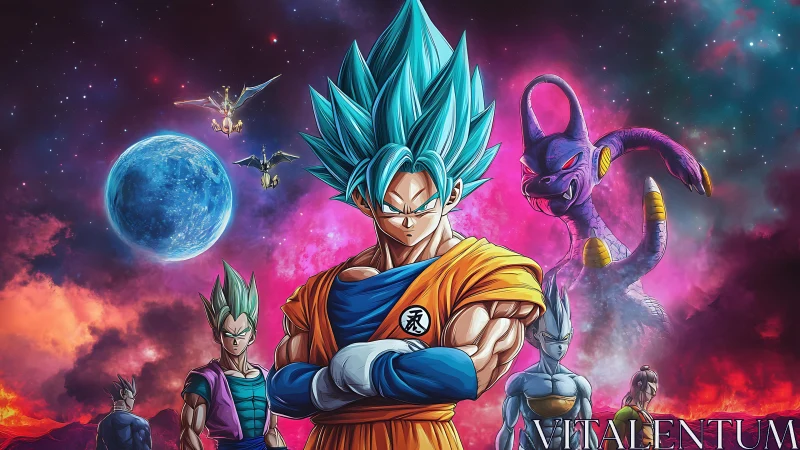 Blue haired anime warrior leads team in cosmic battle scene.