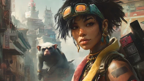 Rogue sky-scout strides through neon rooftops with simian ally