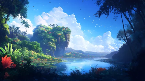 Lush tropical river valley under vivid blue daytime sky.