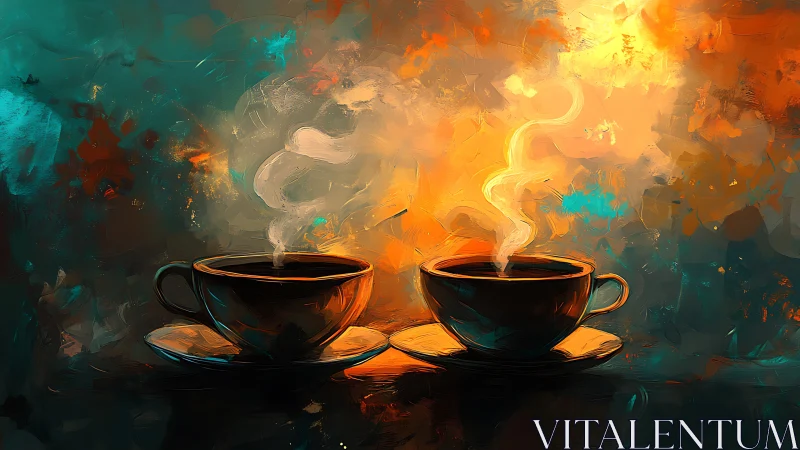 Twin coffee cups glow in a swirling aurora of warm steam.