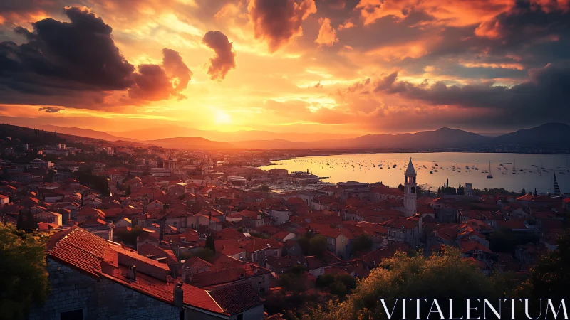 Sunset over coastal town with harbor and dramatic clouds.