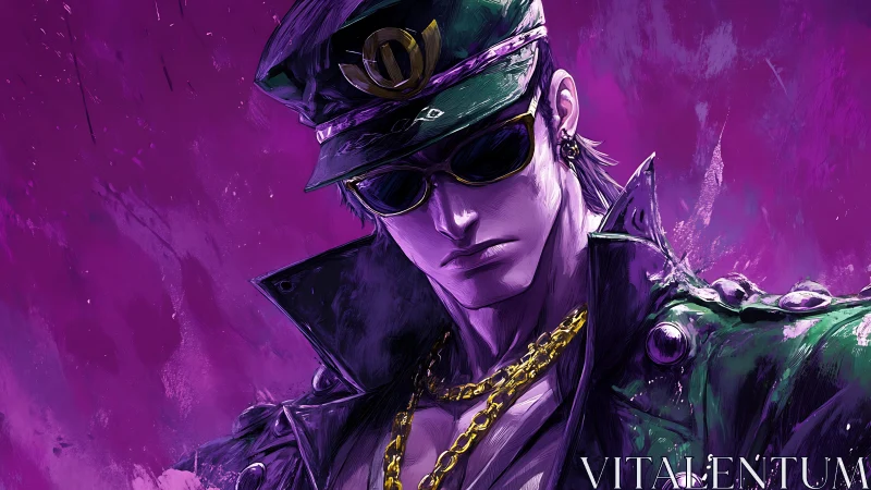 Stylized anime antihero in leather jacket against violet field