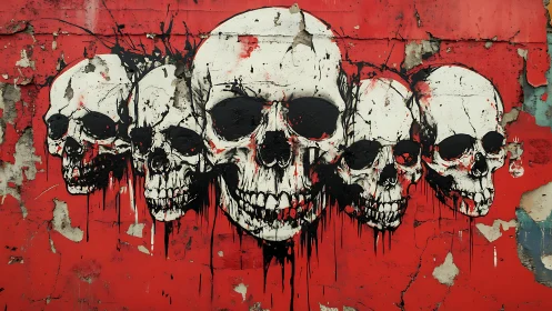Skulls in red: gritty street mural with bold attitude.