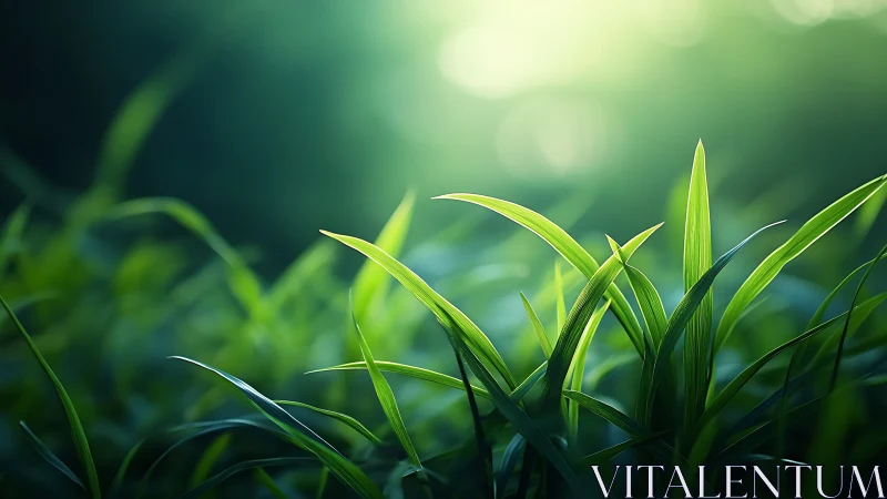 Close-up of vibrant green grass blades in soft morning light.