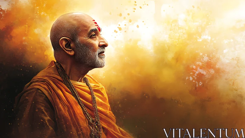 Elder monk in saffron robes gazes into radiant diffuse light