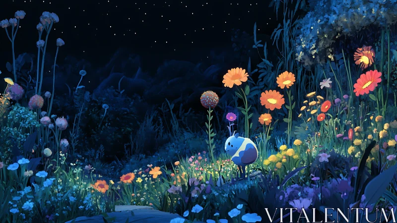 Tiny night wanderer in a star-sprinkled wildflower haven.