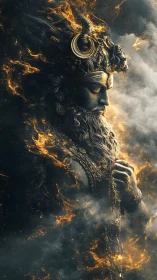 Fiery celestial deity emerges in swirling smoke and embers.