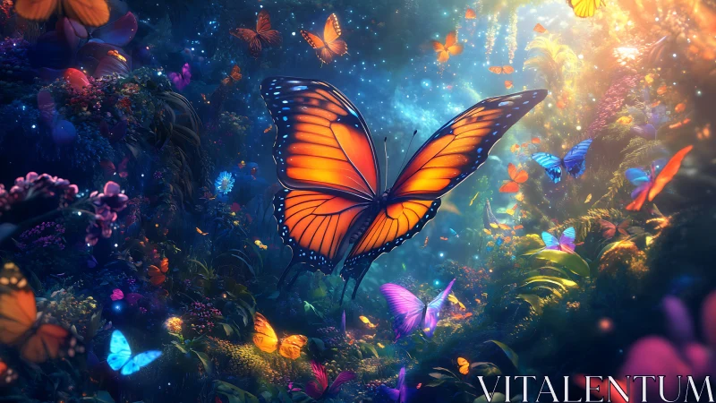 Glowing butterflies drift through a dreamy enchanted forest