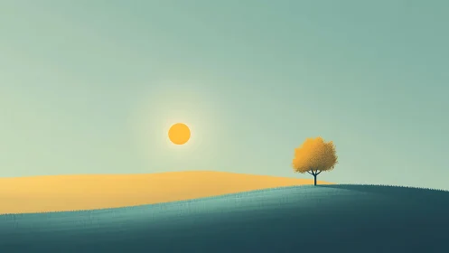 Solitary golden tree on stylized rolling hills at sunrise.
