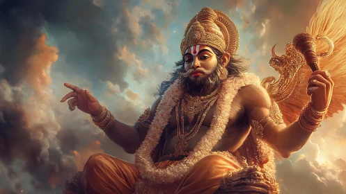 Divine warrior deity seated in radiant celestial clouds