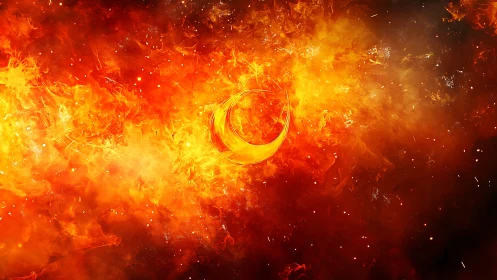 Digital flame vortex with glowing crescent form in fiery orange composition.