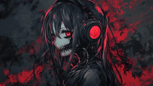 Side profile of skeletal masked girl with headphones.