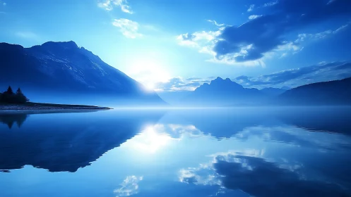 Photorealistic alpine lake horizon with mirrored blue tones.