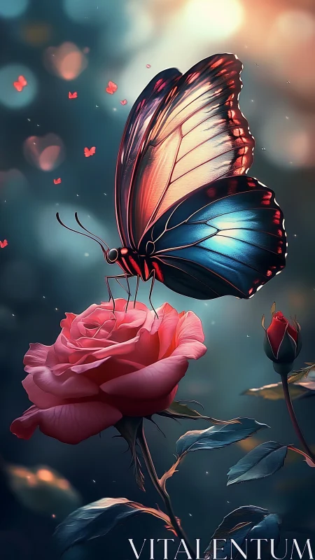 Iridescent butterfly resting on rose in cinematic bokeh light.