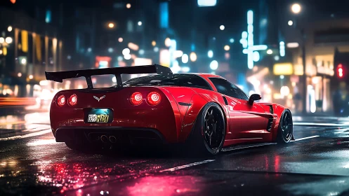 Red sports car cuts through neon city street at night rain