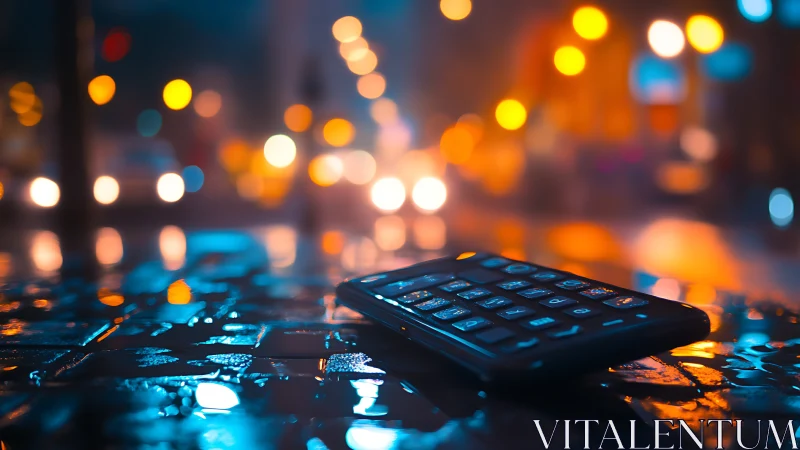 Lost smartphone glows on wet city street at night.