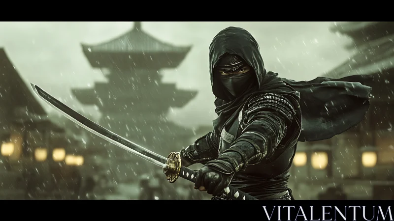 Rain swept ninja holds a poised katana in a temple courtyard