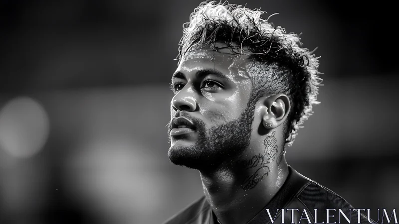High-contrast monochrome portrait of intense football player