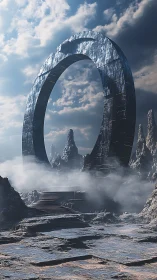 Colossal stone ring portal rises over a misty alien valley