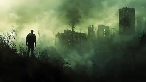 Lone survivor overlooks ruined city in toxic green fog