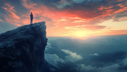 Solitary figure contemplates a luminous mountain sunrise.