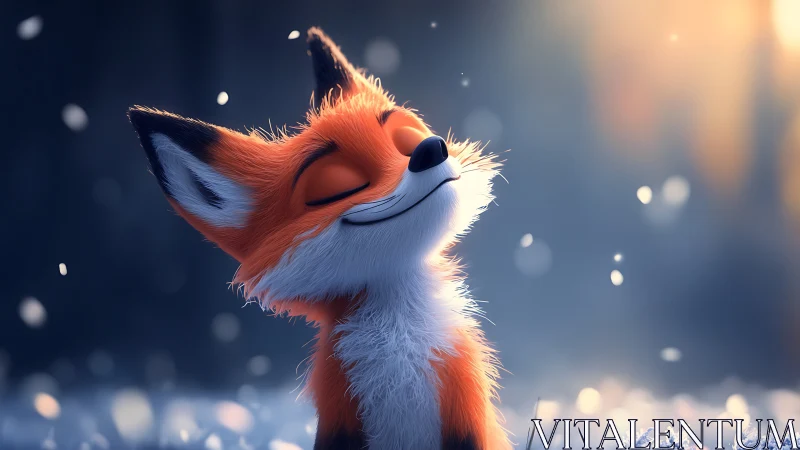 Serene cartoon fox enjoying gentle snowfall at sunrise.
