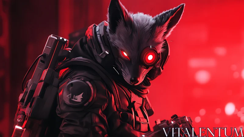 Cybernetic fox operative with tactical gear in red haze