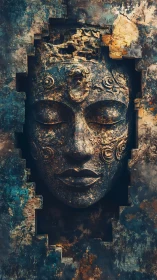 Digital painting of eroded mask relief in geometric recess.